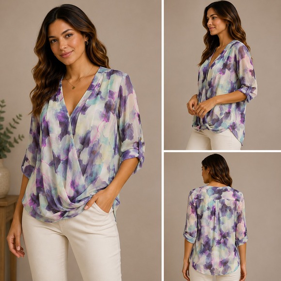 Jennifer Lopez Tops - Jennifer Lopez Floral Blouse Womens 1X Purple NEW Chiffon Surplice Wrap Front